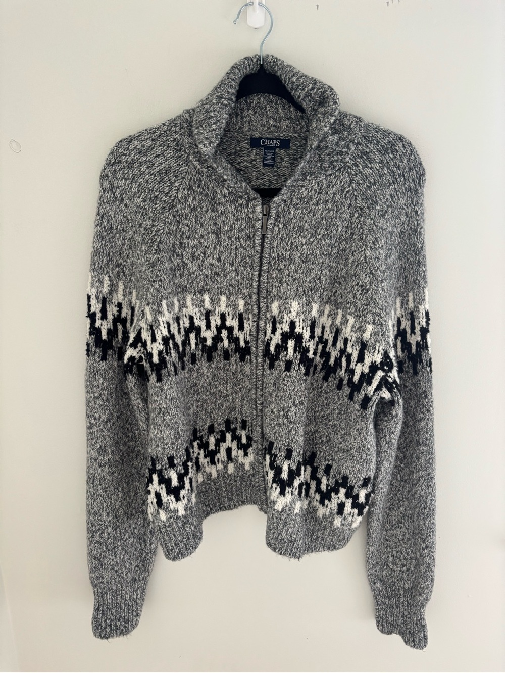 Chaps Grey Fair Isle Full-Zip Knit Cardigan Sweater - Picture 3 of 7